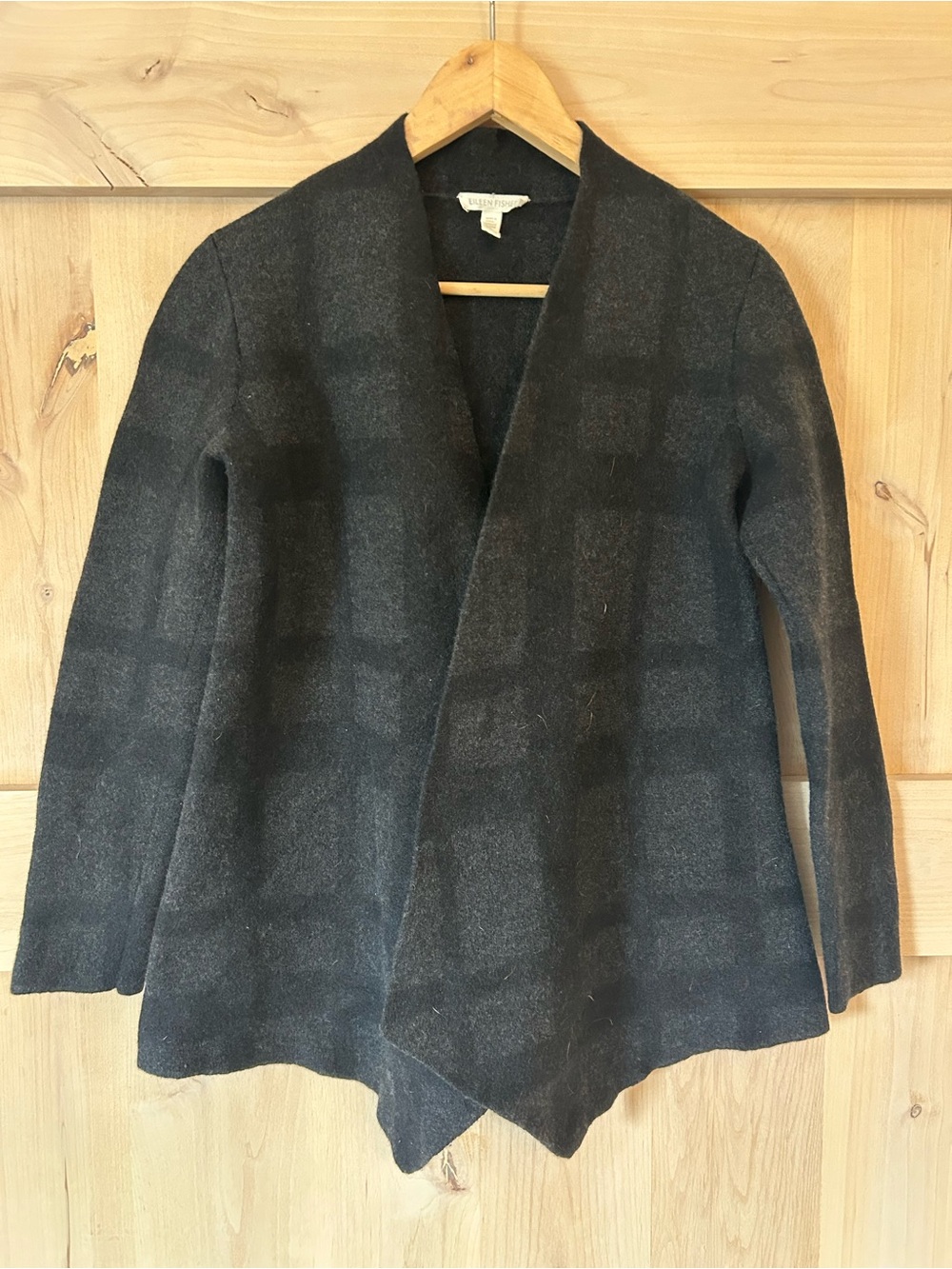 EILEEN FISHER Charcoal Open-Front merino wool Sweater blazer, medium.